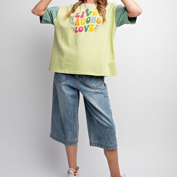 NEW EASEL LIVE LAUGH AND LOVE PRINT WASHED COTTON JERSEY TOP SHIRT SMALL GREEN - Picture 4 of 5